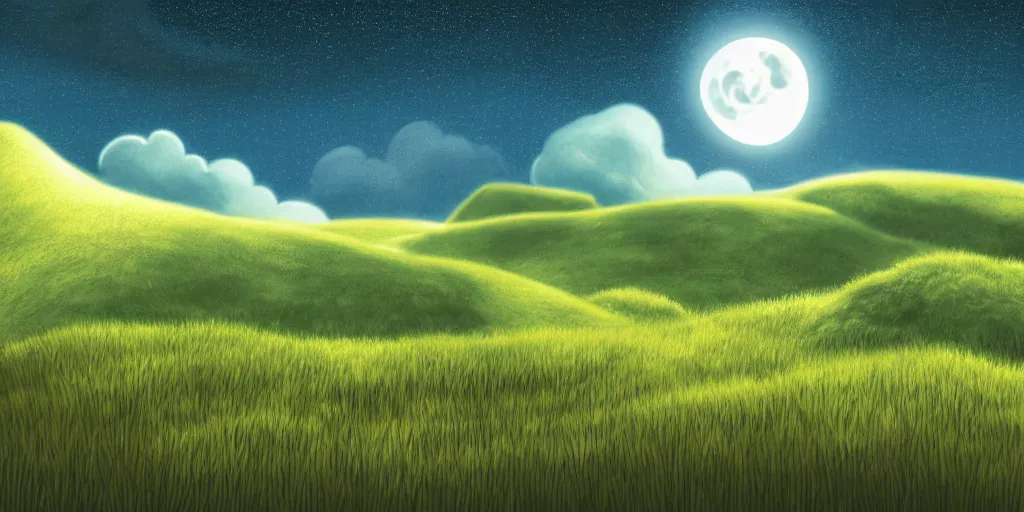 Prompt: dak, nightly, spiral, naive nerikomi, weird perspective, extra narrow, detailed illustration, lit by flashlight, grass field, mountainous terrain, chubby curled clouds, volumetric lighting, concave crescent moon