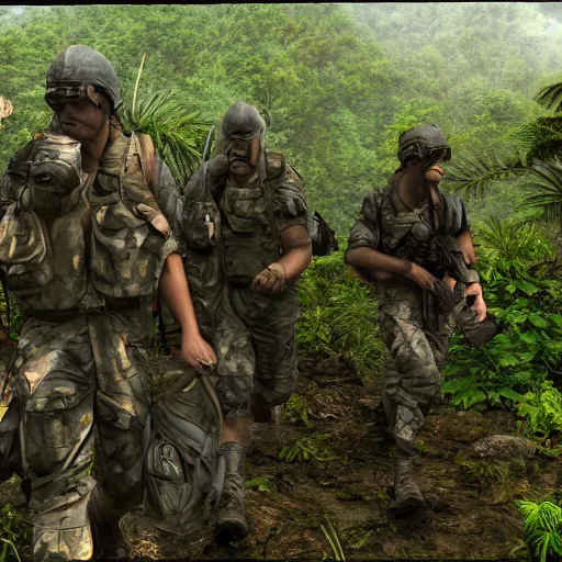 Prompt: commandos patrolling jungle, cinematic, HDR