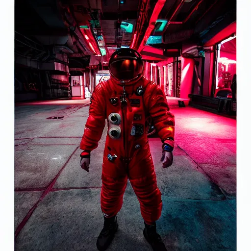 Prompt: color photo of fit man going in spacesuit in cyberpunk city in red and white light from ground level fisheye, cyberpunk, hyper detailed, old camera - H 1280 - 720