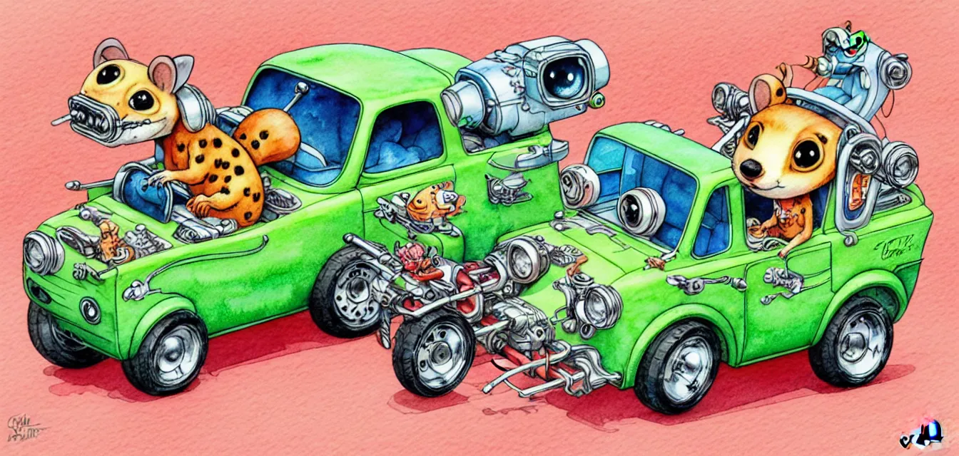 Image similar to cute and funny, quoll riding in a tiny hot rod with oversized engine, ratfink style by ed roth, centered award winning watercolor pen illustration, isometric illustration by chihiro iwasaki, edited by range murata, tiny details by artgerm and watercolor girl, symmetrically isometrically centered