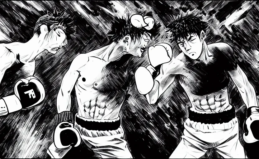 Prompt: a violent boxing match, a boxer punches a boxer in the face, anime, manga panel, masterpiece, by joji morikawa, 4 k wallpaper, ink and screentone, bloody, hajime no ippo manga inspired