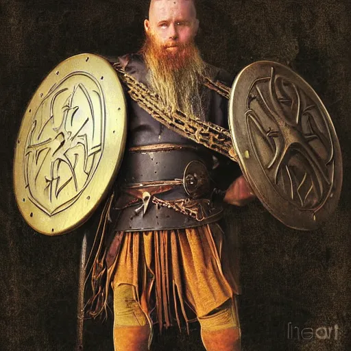 Prompt: viking holding a shield by richard kirk