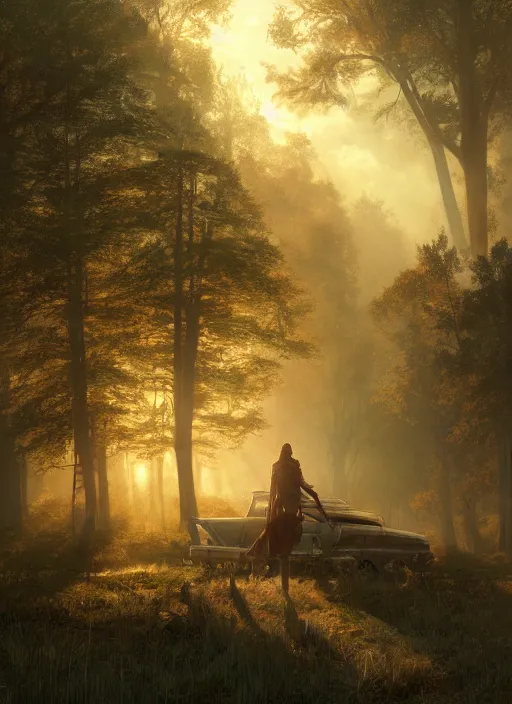 Image similar to rural wisconsin after apocalypse, mist, sunrays, dust in the air, dnd character, unreal engine, octane render, dramatic lighting, pond, digital art, by stanley artgerm lau, greg rutkowski, thomas kindkade, alphonse mucha, loish, norman rockwell,