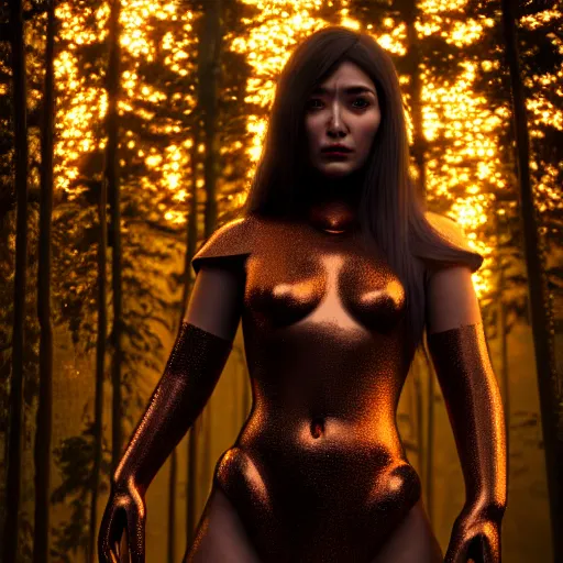 Image similar to highly detailed, ultra realistic, cinematic, woman full body with a copper nose and copper claws, high detail, 8 k, sharp focus, movie still, dramatic lighting, ray tracing, smooth, a female evil demonic character of kazakh mythology, jeztyrnak, standing in the night forrest