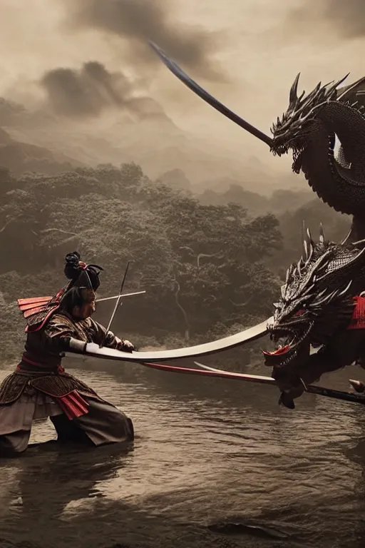 Image similar to a close up shot of the most epic samurai battle in history. Ancient dragon in background.!Two samurai dueling. By Akira Kurosawa, Greg rutkowski, Salvador Dali legendary matte painting.. 4k, particles light,