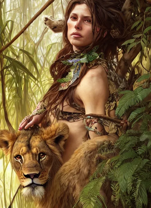 Image similar to perfectly - portrait of a wild huntress living in the jungle wearing a dead lions skin, intricate, highly detailed, digital painting, artstation, concept art, smooth, sharp focus, illustration, unreal engine 5, 8 k, art by artgerm and greg rutkowski and alphonse mucha