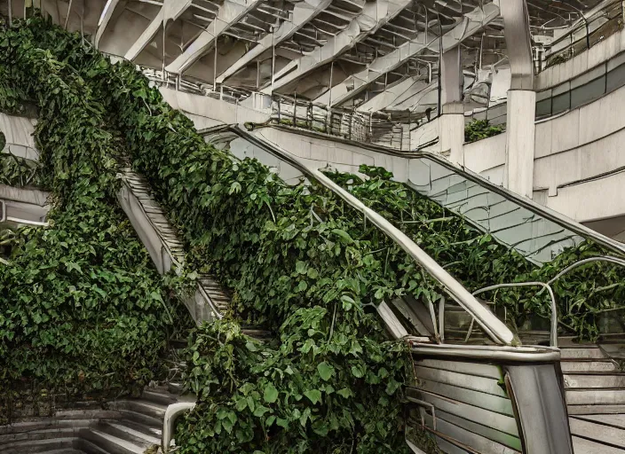 Image similar to an escalator in an abandoned mall in the 1 9 8 0 s, taken over by nature, covered in vines, nature style, hyperrealistic and beautiful painting, 8 k resolution, by hugh ferris and john smith, polished, fine detail, intricate, smooth, octane, concept art, trending on artstation