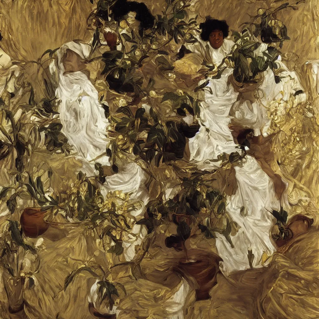 Prompt: high quality high detail painting by lucian freud, jenny savile, ilya repin and john singer sargent, black woman in a white room with many plants, intricate costume design, orientalist, partially gold, ornate, elite, luxury, hd