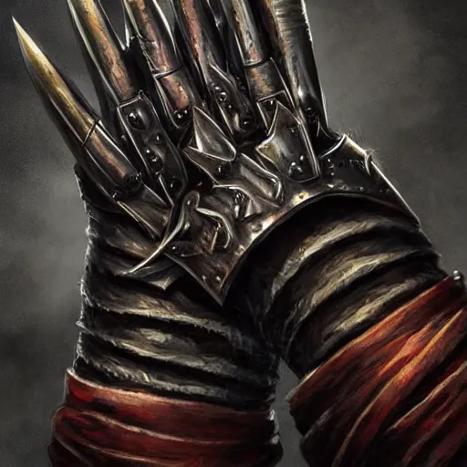 Image similar to metal claws on gloves, weaponized gauntlett, old gloves with attached talons, pointy fingertips, dark background, highly detailed, 8 k, trending on artstation, mystic, rpg artwork, by peter jackson, by sauron