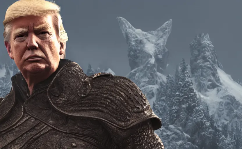 Prompt: Donald Trump in Skyrim, digital art, unreal engine, WLOP, trending on artstation, 4K UHD image, octane render,