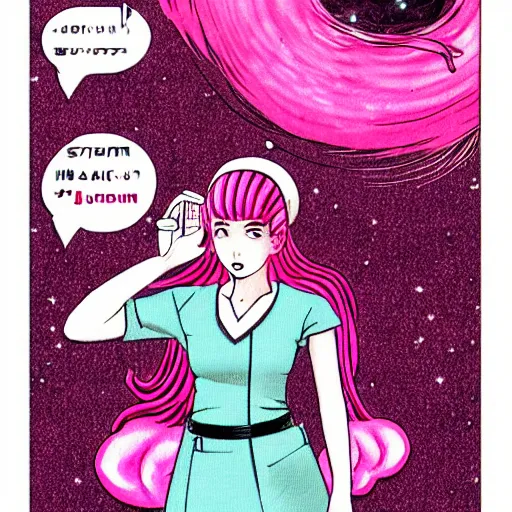 Image similar to realistic dark retro pulp sci - fi colored manga illustration of princess bubblegum by junji ito, with pink hair made of bubblegum, confident scientist performing experiments in her lab