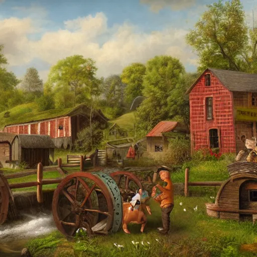 Image similar to folk art, farmhouse with a waterwheel by a creek, farm animals and children playing in the yard, lowbrow, matte painting, 3 - d highly detailed, style of greg simkins