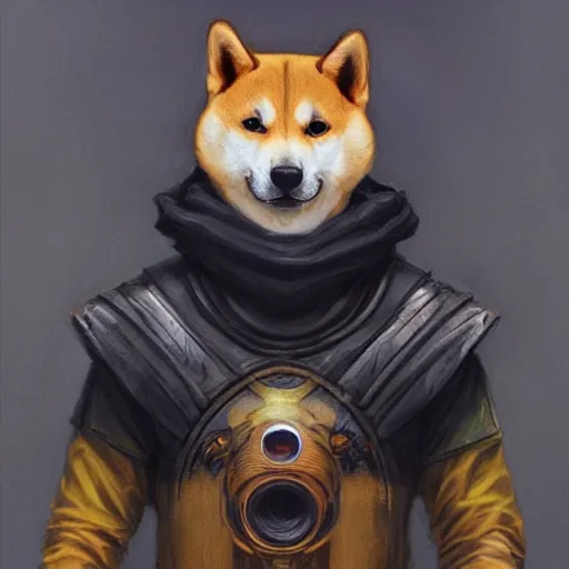 Prompt: lotus pose, anthropomorphic shiba inu, realistic scifi cyberpunk, wearing for man ukrainian traditional black vyshyvanka clothes, portrait art by donato giancola and greg rutkowski, realistic face, digital art, trending on artstation, symmetry