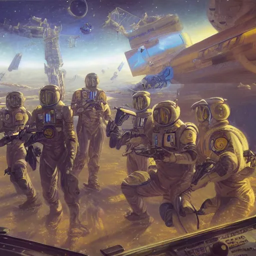 Image similar to space soldiers invading an space station, detailed, centered, digital painting, artstation, concept art, donato giancola, Joseph Christian Leyendecker, WLOP, Boris Vallejo, Breathtaking, 8k resolution, extremely detailed, beautiful, establishing shot, artistic, hyperrealistic, beautiful face, octane render