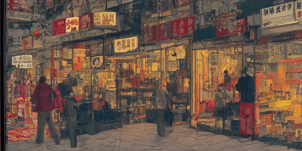 Image similar to a shop window in hong kong, by dan mumford and peter doig and edward hopper, minimal, black in, thick lines highly detailed, muted colours, overlaid with chinese adverts, 8 k