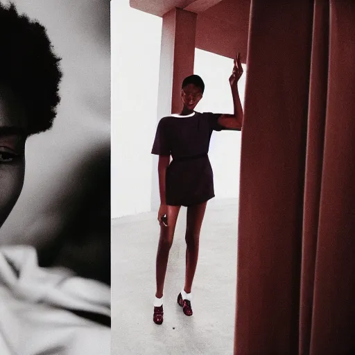 Image similar to realistic photoshooting for a new ssense!!! lookbook, color film photography, photo of a woman, photo in style of tyler mitchell, 3 5 mm, featured on vogue