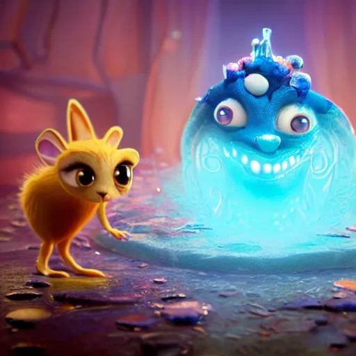 Image similar to tiny hades, expressive eyes, floating, rbc, radiolaria, bunny, protophyta, micro - organisms, center frame, symmetric, rim light, marine microbiology, bioluminescence, electric, fur, soft, concept art, intricate details, highly detailed, colorful, photorealistic, disney pixar, octane render, iridescent, anime