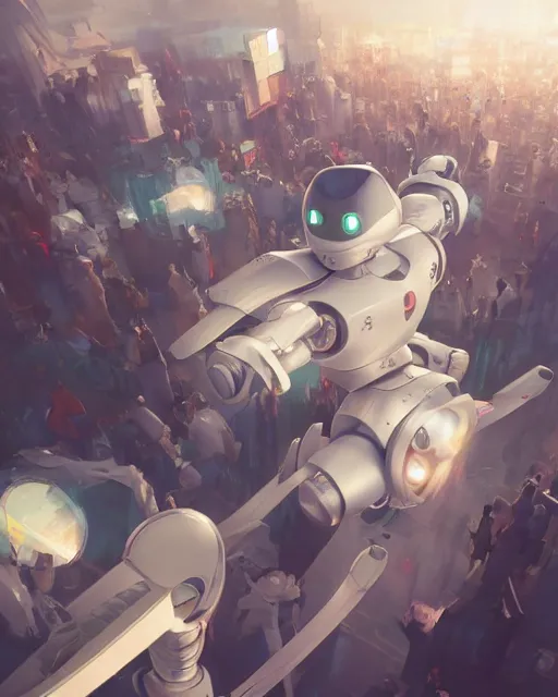 Image similar to a robot entering a crowded plane, Anime. Soft lighting, 8K, octane render. By Makoto Shinkai, Stanley Artgerm Lau, WLOP, Rossdraws, James Jean, Andrei Riabovitchev, Marc Simonetti, krenz cushart, Sakimichan, D&D trending on ArtStation, digital art.