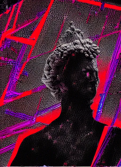 Image similar to black background with subtle red and purple design elements, mostly dark, statue of zeus, nekro, graphic design, collage art, thin lines, dark, glitch art, neo vaporwave, gritty, layout frame, square, trending on artstation
