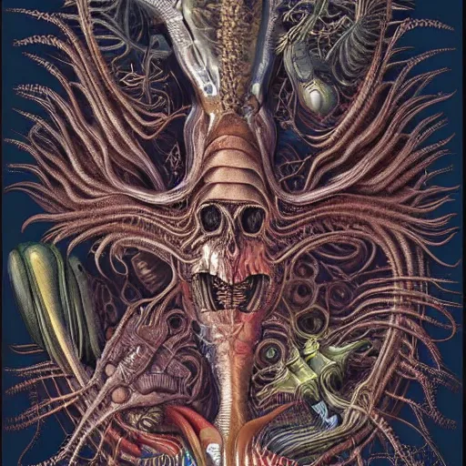 Prompt: A beautifully detailed frontispiece for the Compendium of Alien Anatomy by Ernst Haeckel and Nekro, vivid color, trending on artstation, cgsociety 4K.