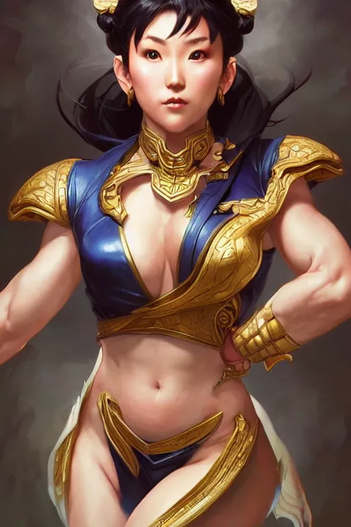 Image similar to beautiful chun li, full body shot, d & d, fantasy, intricate, elegant, highly detailed, digital painting, artstation, concept art, matte, sharp focus, illustration, hearthstone, art by artgerm and greg rutkowski and alphonse mucha