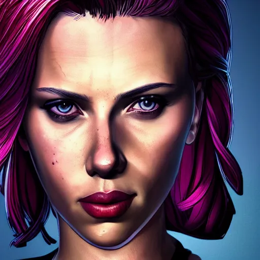 Image similar to scarlett johansson portrait, borderlands, tales from the borderlands, the wolf among us, comic, cinematic lighting, studio quality, 8 k