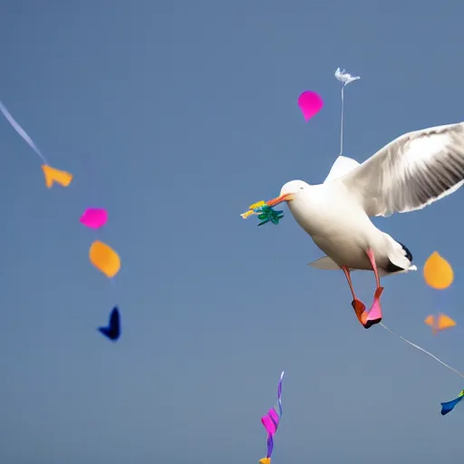 Image similar to a seagull with party streamers for wings, uhd, 8 k