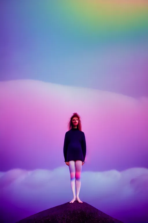 Image similar to high quality pastel coloured film close up wide angle photograph of a model wearing clothing swimming on cloud furniture in a icelandic black rock!! environment in a partially haze filled dreamstate world. three point light, rainbow. photographic production. art directed. pastel colours. volumetric clouds. pastel gradient overlay. waves glitch artefacts. extreme facial clarity. 8 k. filmic.