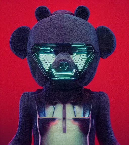 Prompt: portrait of a plush teddy bear, with cool cyberpunk dressing and implants, by greg rutkowski, wlop, beeple, dan mumford. octane render, trending on artstation, greg rutkowski very coherent symmetrical artwork. cinematic, hyper realism, highly detailed, octane render, 8 k, iridescent accents, two ears