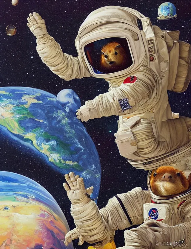 Prompt: beautiful detailed painting of a capybara astronaut in a spacesuit floating above earth by casey weldon by mark ryden by thomas blackshear