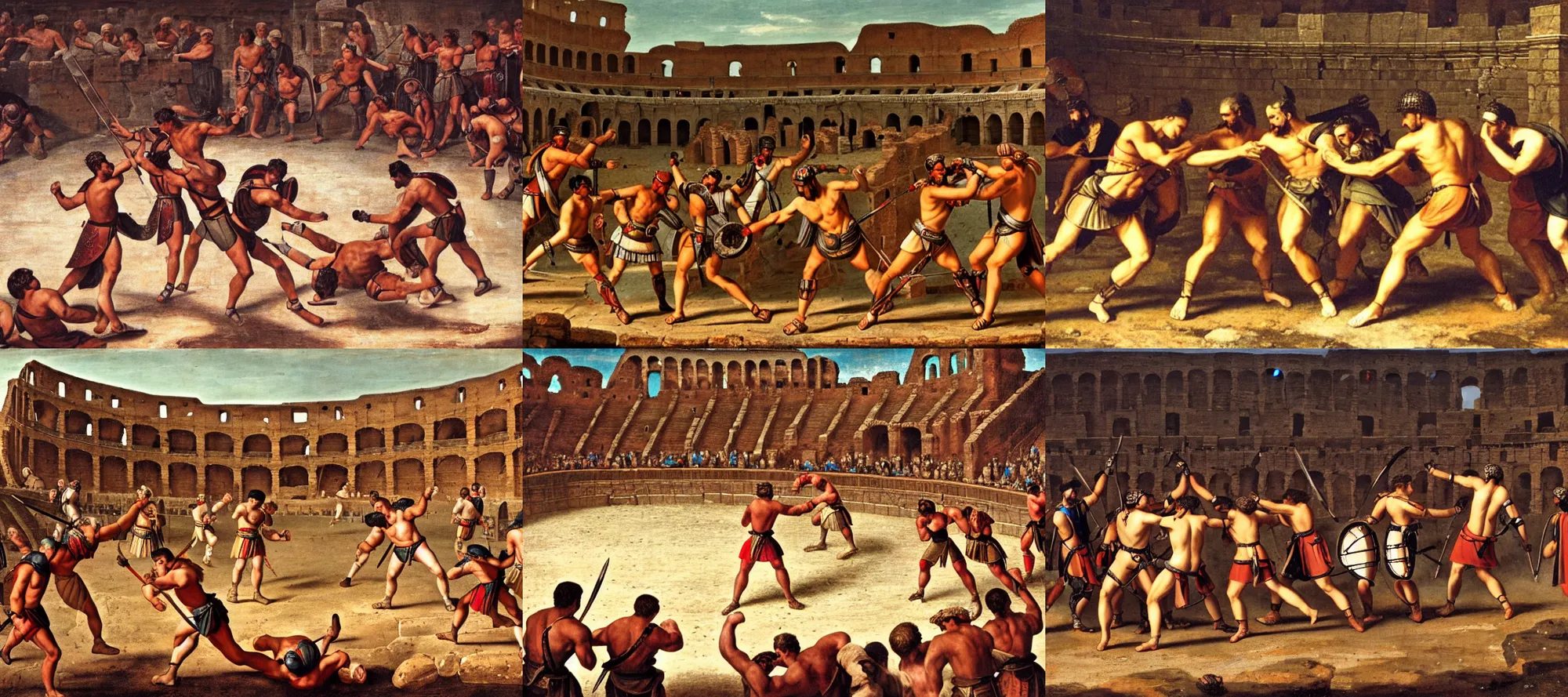 Prompt: Gladiators fighting in a roman colosseum