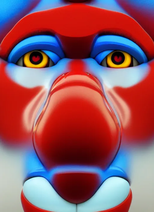 Prompt: a close up of a red gorillas face with blue eyes, an album cover by jacob toorenvliet, featured on behance, cubo - futurism, rendered in cinema 4 d, sketchfab, rendered in maya, red shift, synthwave, by enguerrand quarton, by alesso baldovinetti, 3 d render, holography,