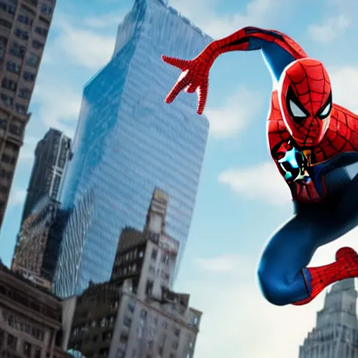 Prompt: spider-man swinging through new york, 4k realistic photo