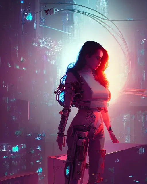 Prompt: portrait of lana del rey as a cyberpunk cyborg. roses, sci - fi, missing panels, intricate abstract upper body intricate artwork, by tooth wu, wlop, beeple, dan mumford. concept art, octane render, deviantart, greg rutkowski, cinematic, key art, hyperrealism, iridescent accents