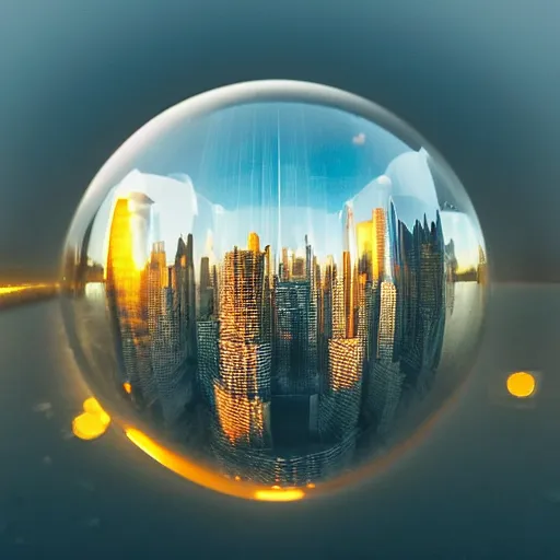 Image similar to huge city in a water bubble, via tilt shift photography