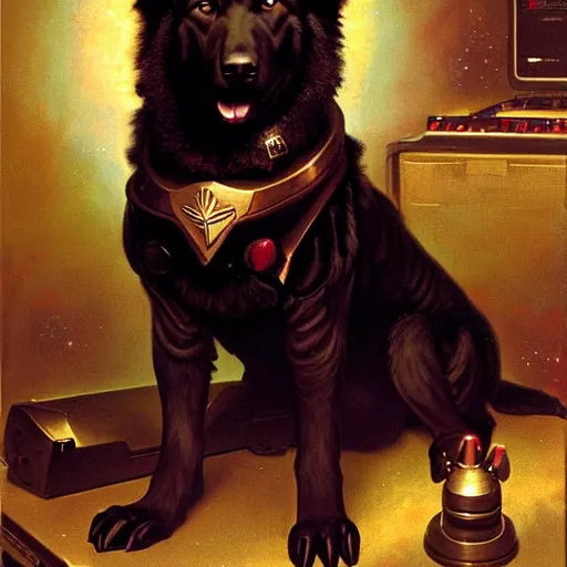Prompt: a portrait of a man depicted as a black german shepherd dogman canine, star trek the next generation, sitting in front of a console, explosions. highly detailed painting by gaston bussiere, craig mullins, j. c. leyendecker, furry