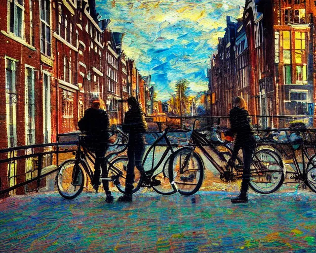 Prompt: Lost in Amsterdam with to many bikes to find my own bike, impressionism painting with oil sticks on old cardboard box, cinematic color palette, Rembrandt light