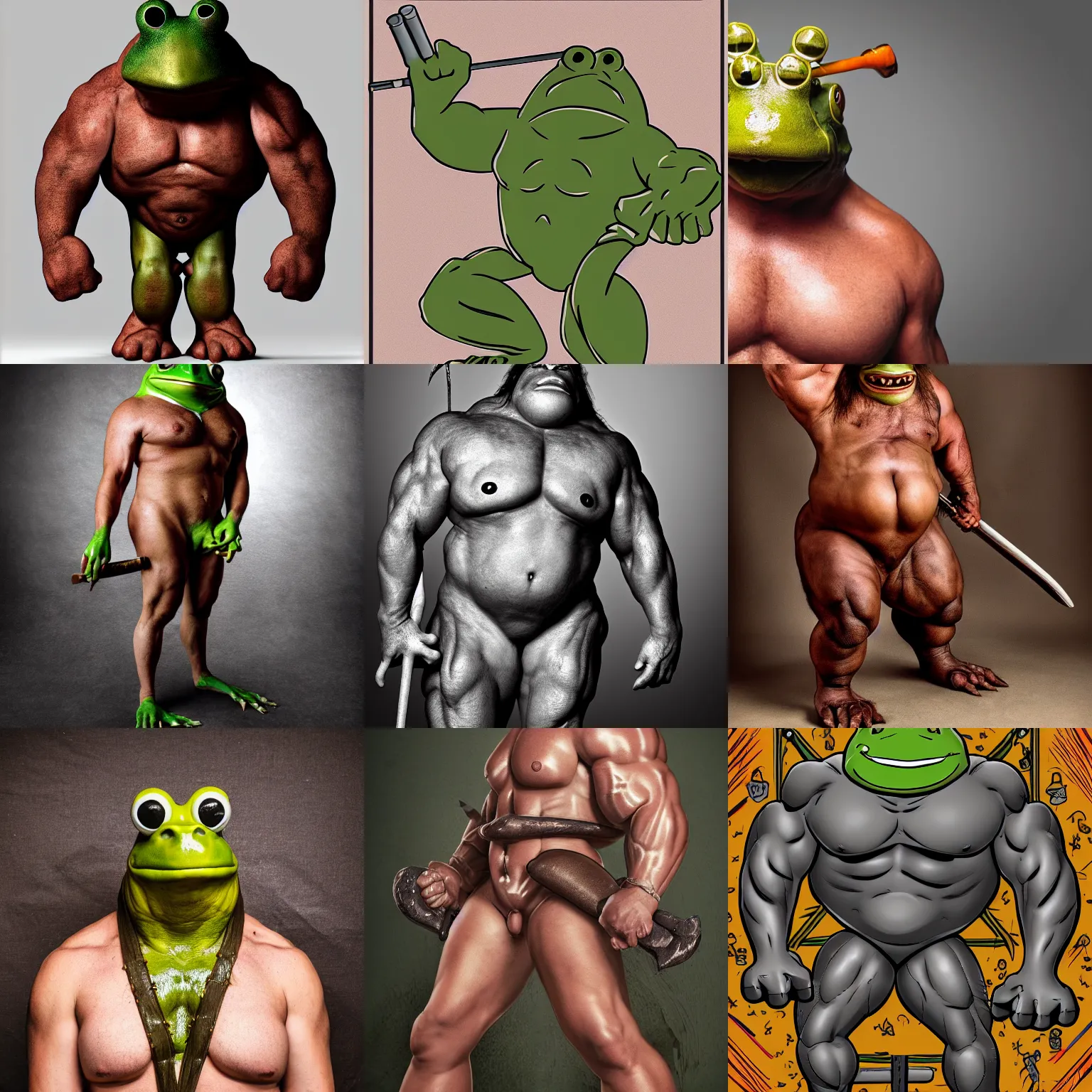 Prompt: subject muscular barbarian oversized frog anthropomorphic, wearing heavy metal short, medium shoot portrait