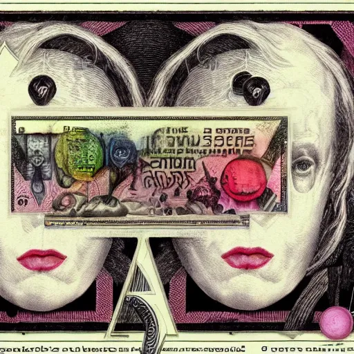 Image similar to post - punk new age album cover, asymmetrical design, frame of a dollar bank notes, abstract collage, capitalism, magic, apocalypse, psychedelic, black white pink, magic, giger h. r., giuseppe arcimboldo