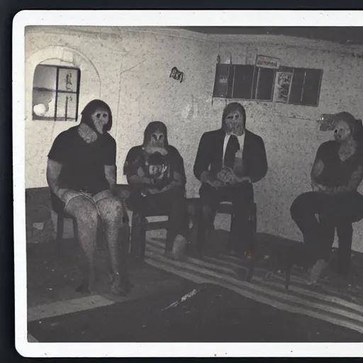 Prompt: creepy occult meeting in an abandoned pizza restaurant Polaroid photo highly detailed