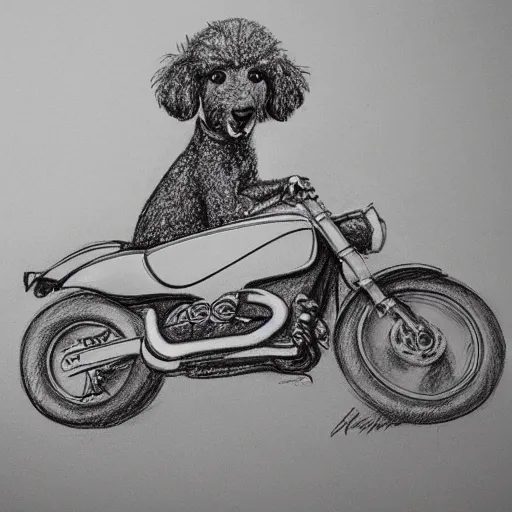 Image similar to pencil sketch of a poodle riding a ducati