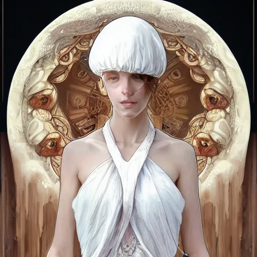 Image similar to a photograpic portrait of a anthropomorphic mushroom wearing white clothes, fantasy, intricate, elegant, highly detailed, digital painting, artstation, concept art, smooth, sharp focus, illustration, art by artgerm and H R Giger and alphonse mucha