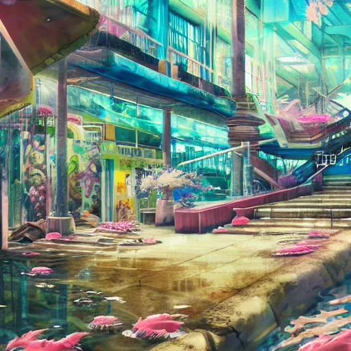 Image similar to painted anime background of an underwater mall in the slums built from various coral seashells and being reclaimed by nature, nostalgia, vaporwave, litter, steampunk, cyberpunk, caustics, anime, vhs distortion, inspired by splatoon by nintendo, art created by miyazaki