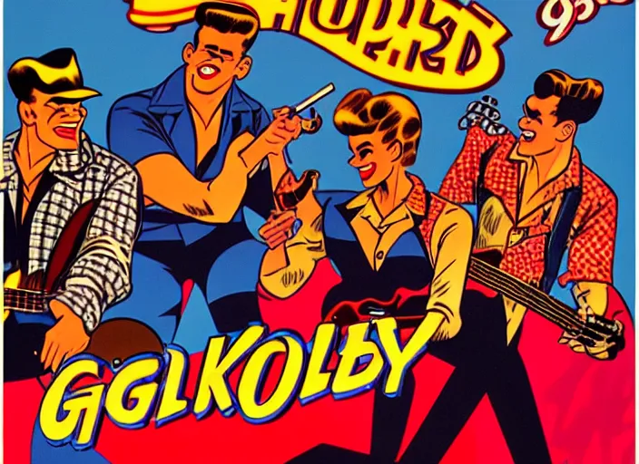 Image similar to rockabilly band 1950s, high detail, golden hour, 8K, by jack kirby