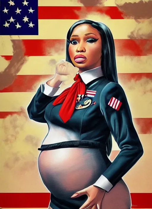 Image similar to pregnant nicki minaj in nazi uniform, president election usa propaganda poster, usa flags in the background, colored, artgerm, highly detailed