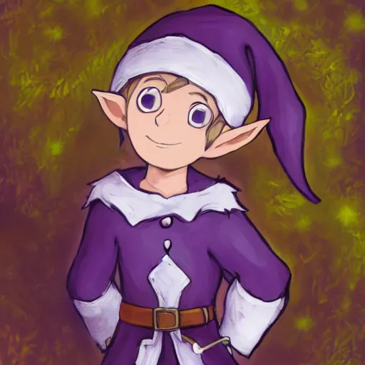 Prompt: little elf boy, purple tunic, white soft hair. light color palate, detailed soft painting, made in abyss art style, anatomically correct