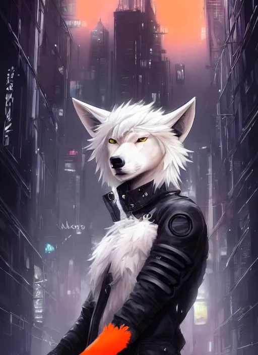 Image similar to award winning beautiful portrait commission of a male furry anthro albino wolf fursona with a tail and a cute beautiful attractive detailed furry face wearing stylish black and orange cyberpunk biker clothes in a cyberpunk city at night while it rains. Character design by charlie bowater, ross tran, artgerm, and makoto shinkai, detailed, inked, western comic book art