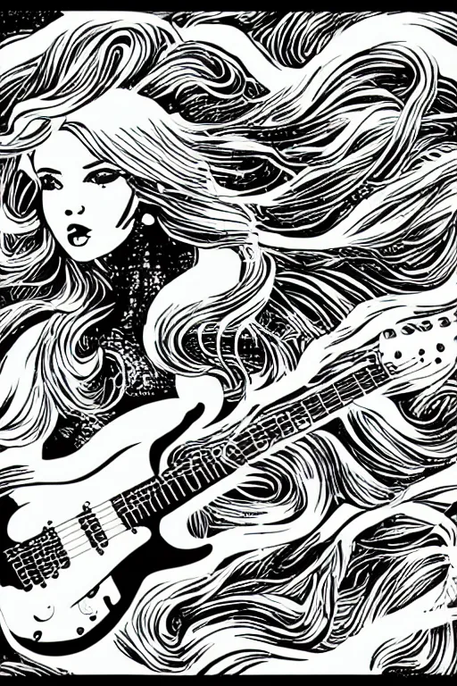 Image similar to illustration of a mermaid playing an stratocaster electric guitar, 3 colour screen print