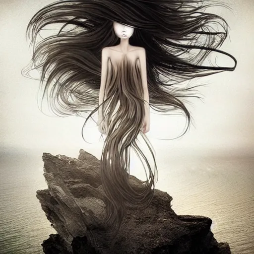 Image similar to A beautiful computer art of a human-like creature with long, stringy hair. The figure has no eyes, only a mouth with long, sharp teeth. The creature is standing on a cliff overlooking a dark, foreboding sea. by Bella Kotak ornamented