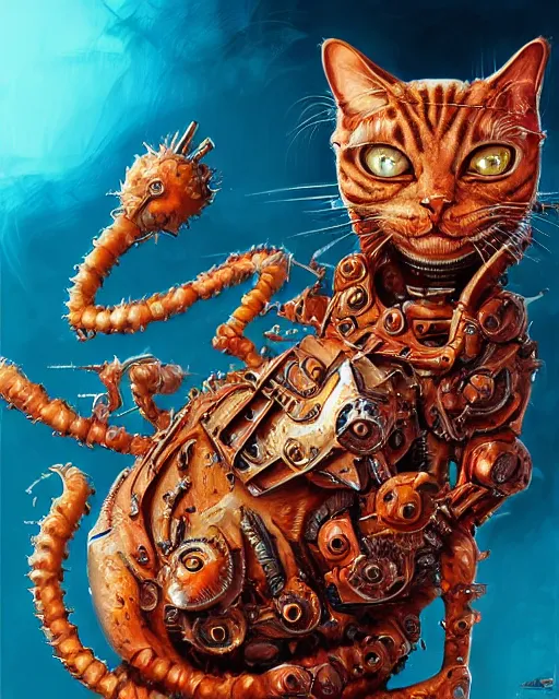 Image similar to bloody fleshmetal cyborg garfield cat, by antonio j. manzanedo, giger, alex grey, android jones, wayne barlowe, philippe druillet, raymond swanland, cyril rolando, josephine wall, harumi hironaka, trending on artstation